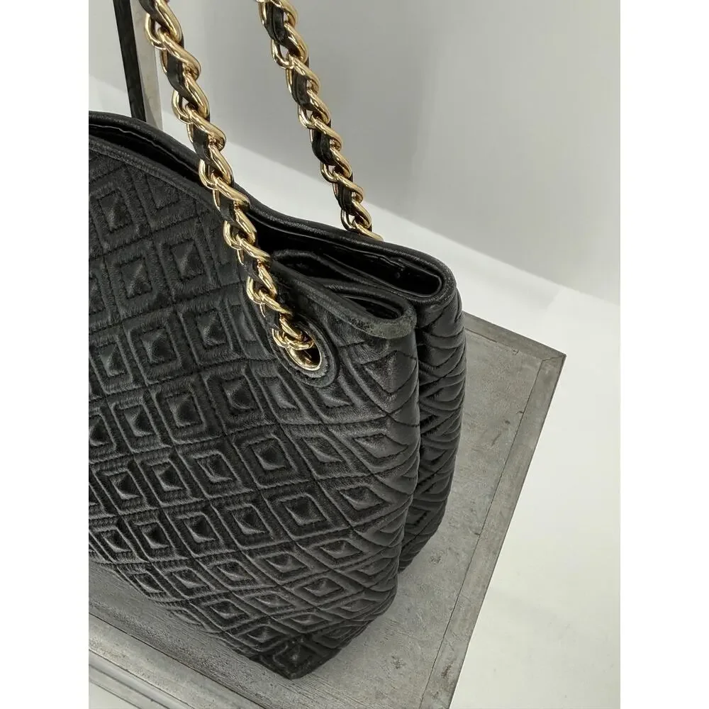 Tory Burch Fleming Black Leather Quilted Chain Tote Shoulder Bag Large Designer
